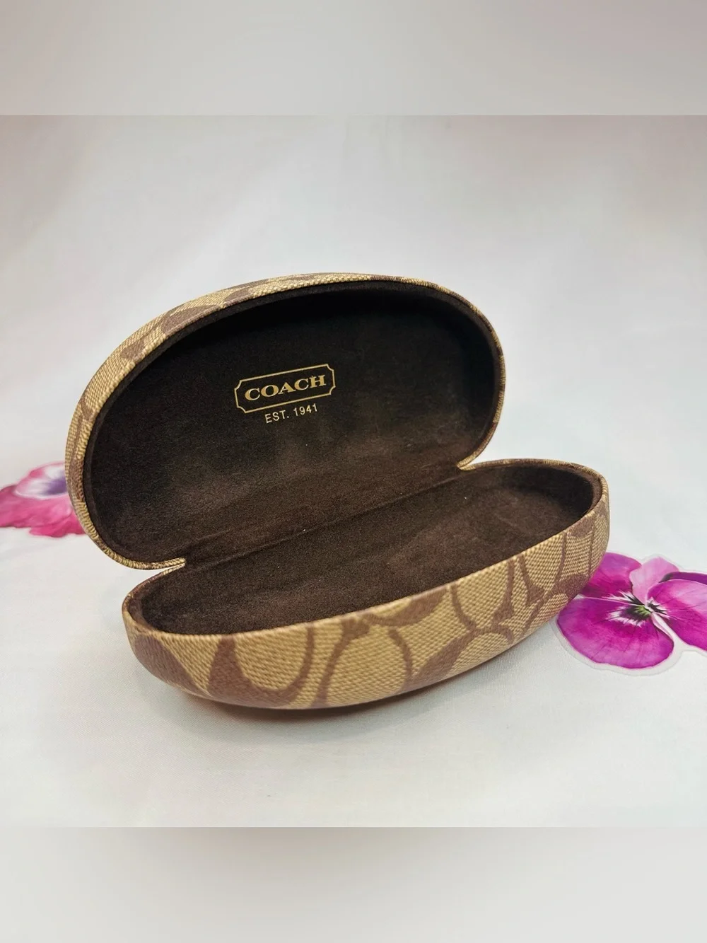 COACH Brown Signature Hard Sunglasses Case with Gold Logo